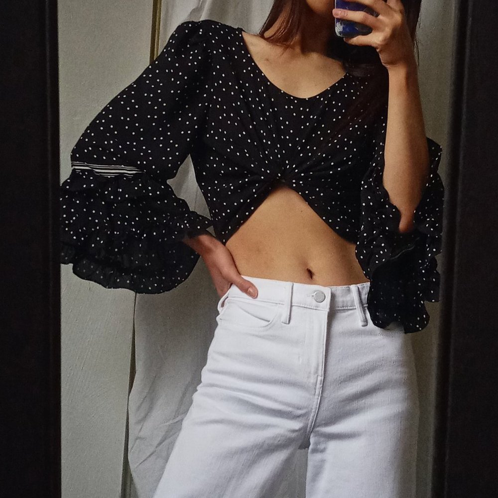 Max Studio // Black Polka Dot Bell Sleeve Top